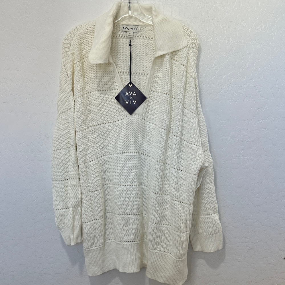 Ava Viv NWT‎ Sweater white Cream Polo Collar  Knit Pullover Sweater 3X fisherman